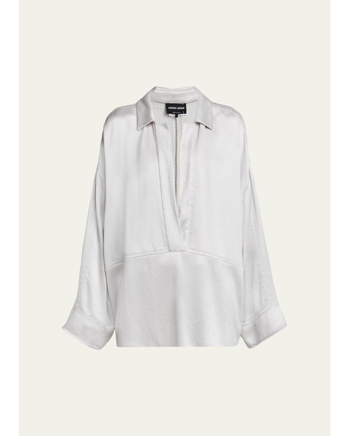 Hammered Satin Plunging Collared Shirt