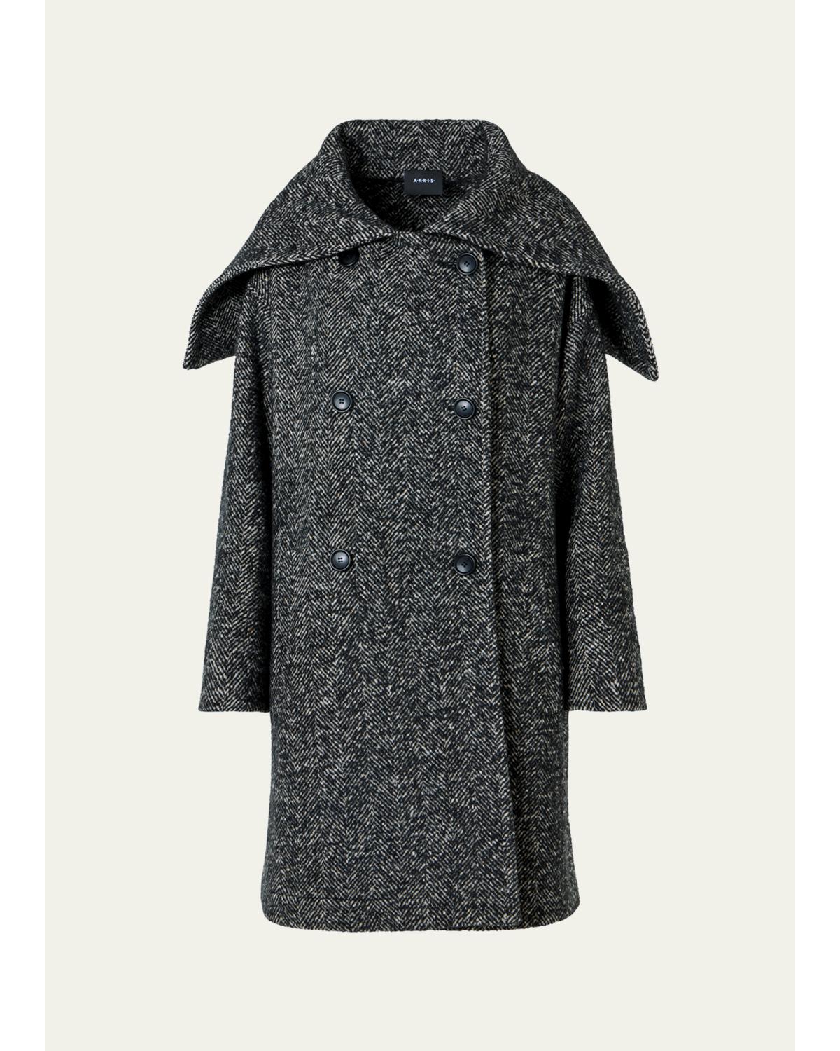 Lamb Shearling Collar Double-Breasted Wool Herringbone Coat