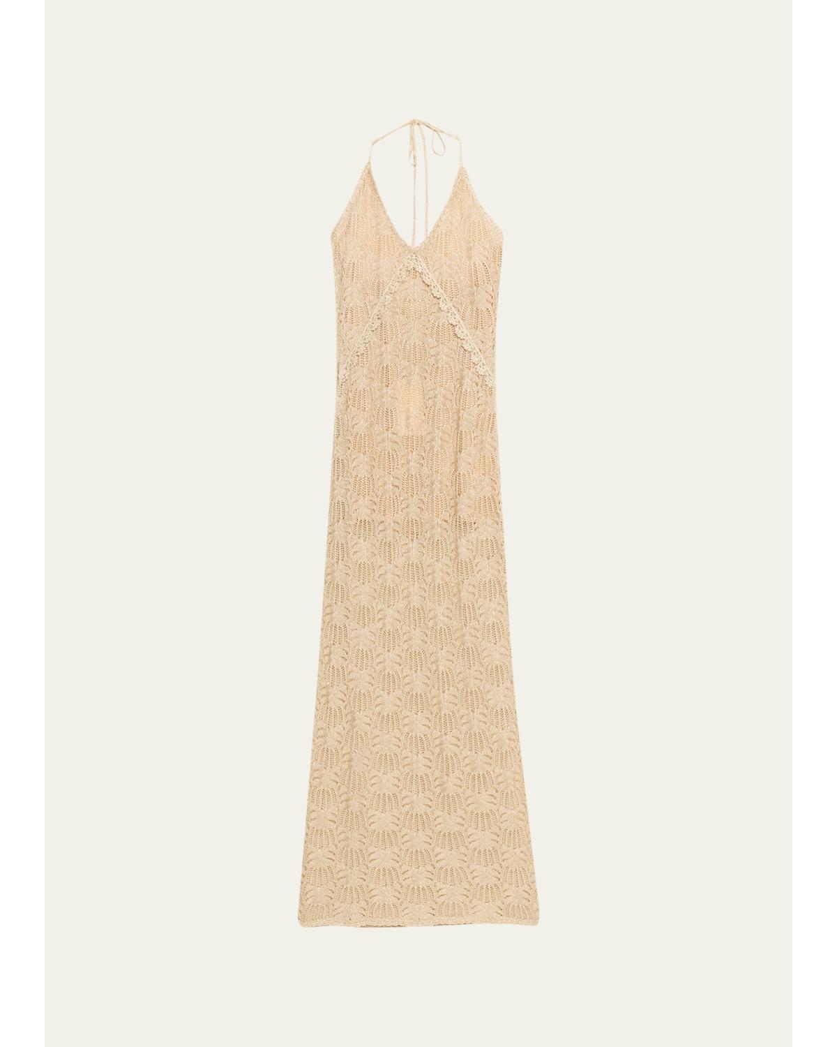 Vreya Metallic Crochet Halter Dress