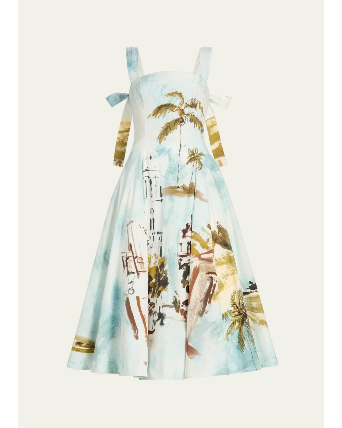 Sleeveless Landscape-Print Poplin Midi Dress