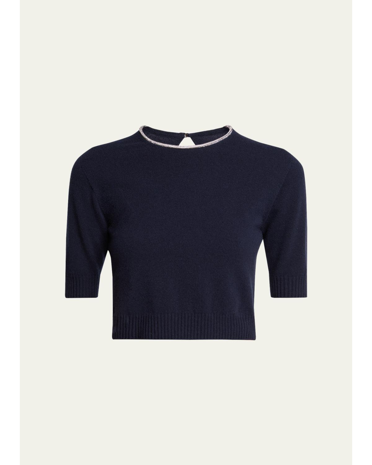 Crystal-Collar Cashmere Short-Sleeve Crop Sweater