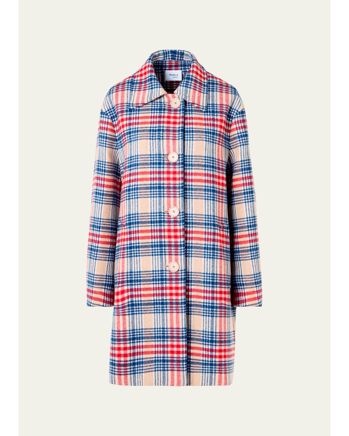 Check Wool Single-Breasted Mid-Length Coat