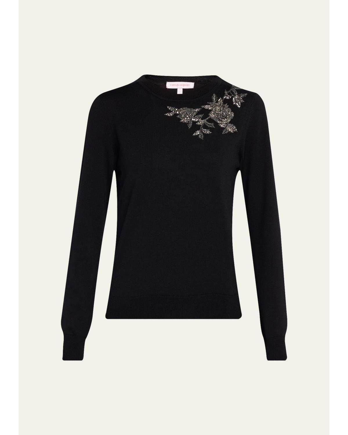 Flower Beaded Silk-Cotton Crewneck Sweater