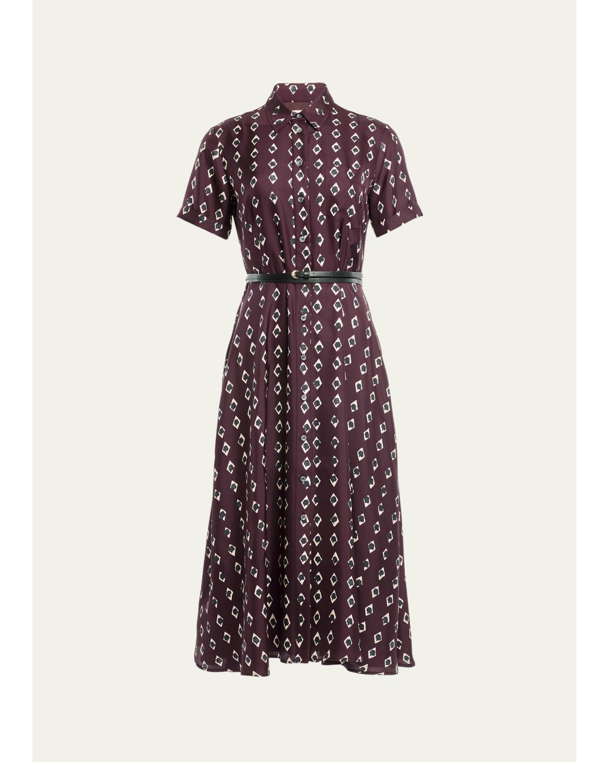 Kiera Diamond-Print Silk Short-Sleeve Midi Shirtdress