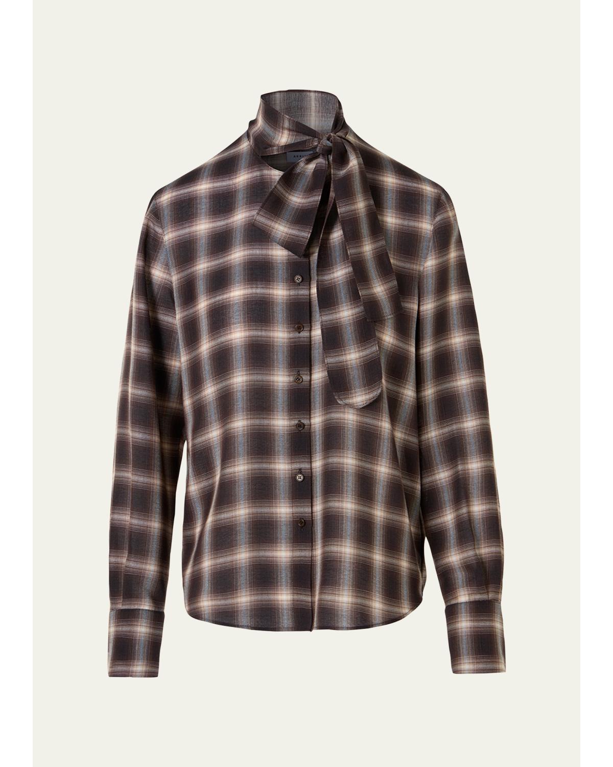 Multicolor Plaid Scarf-Neck Button-Down Blouse