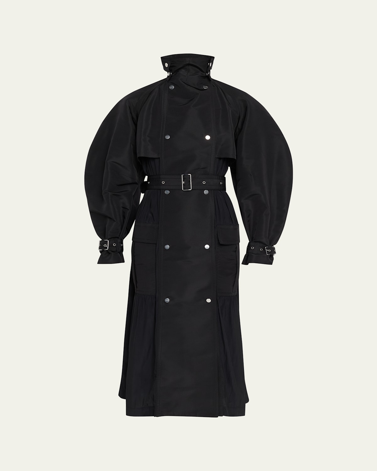 Lanvin Mixed-media Belted Long Trench Coat In Black