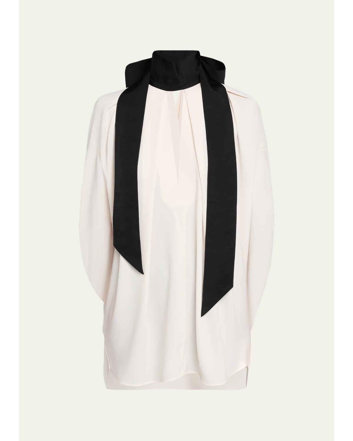 Contrast Neck-Scarf Pleated Cape Top
