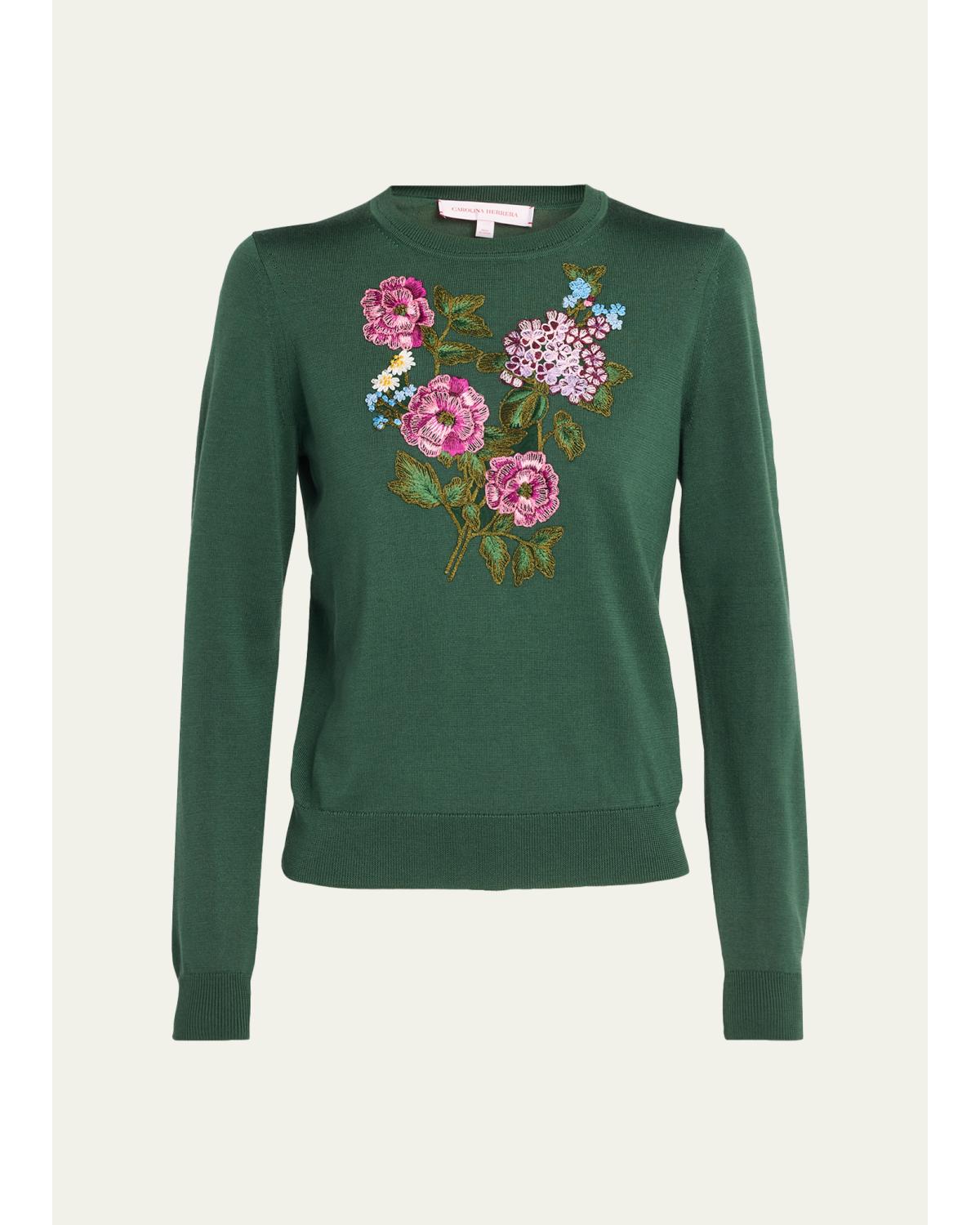 Floral Embroidered Silk-Cotton Crewneck Sweater