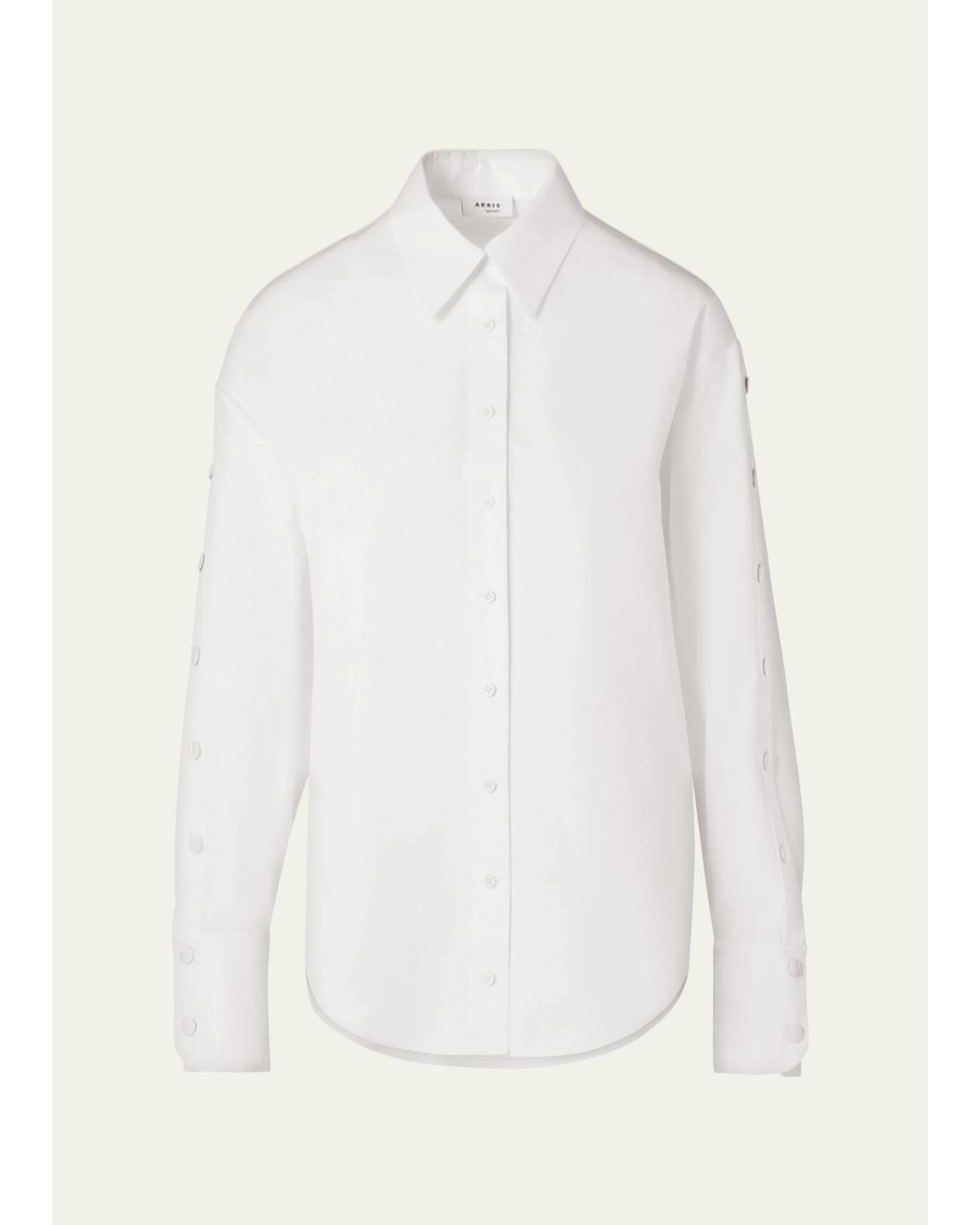 Snap-Sleeve Cotton Poplin Button-Down Blouse