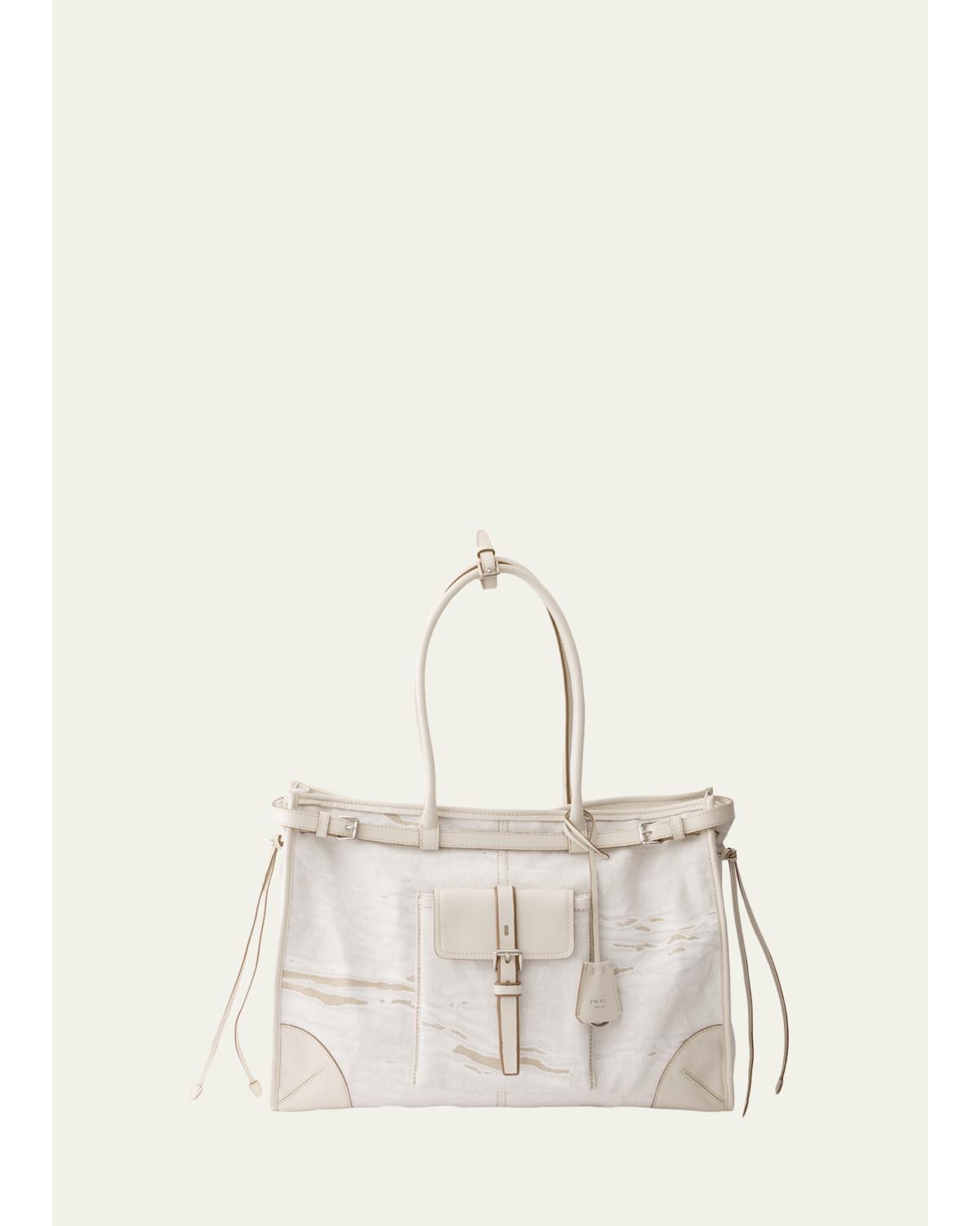 Prada Bonnie Extra-large Printed Linen & Leather Shoulder Bag In Bianco