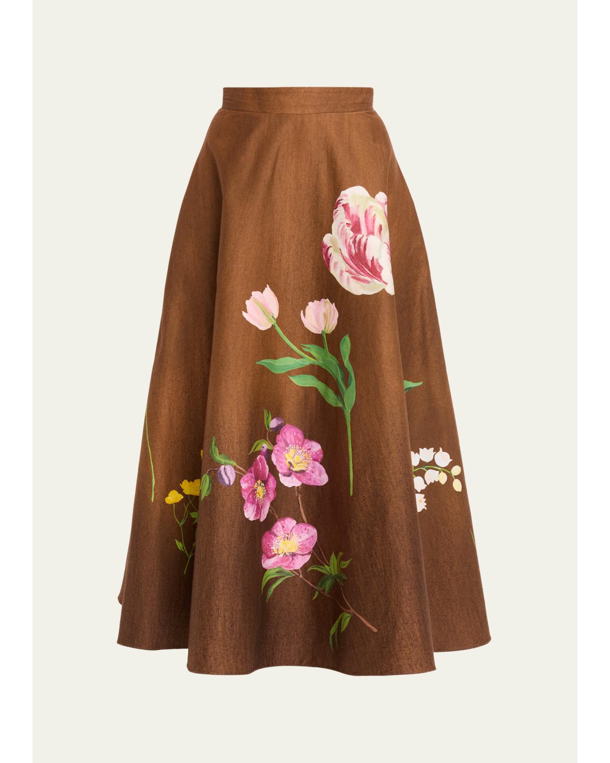 Mixed Botanical Print Cotton Midi Skirt