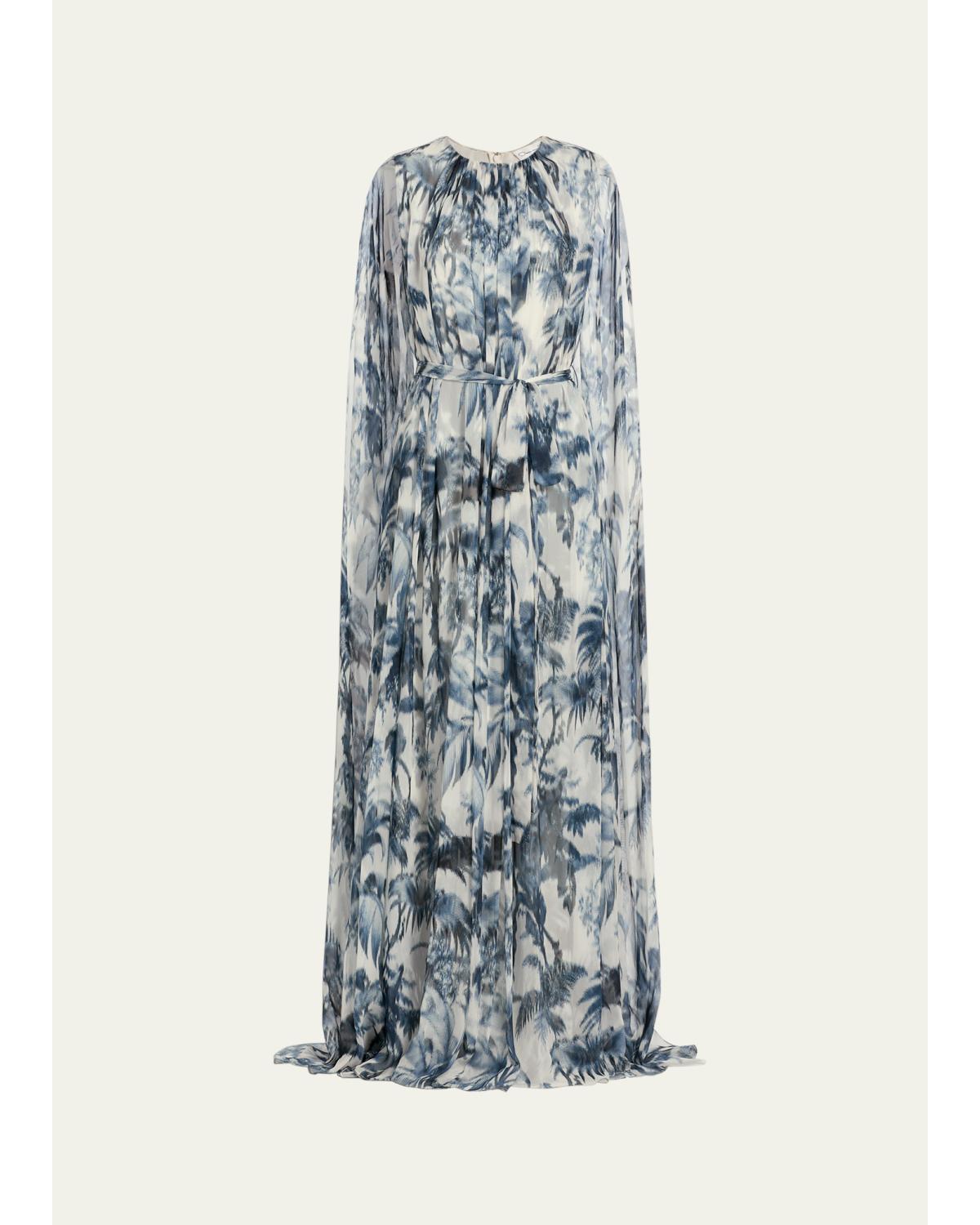 Palm-Print Silk Cape-Sleeve Gown