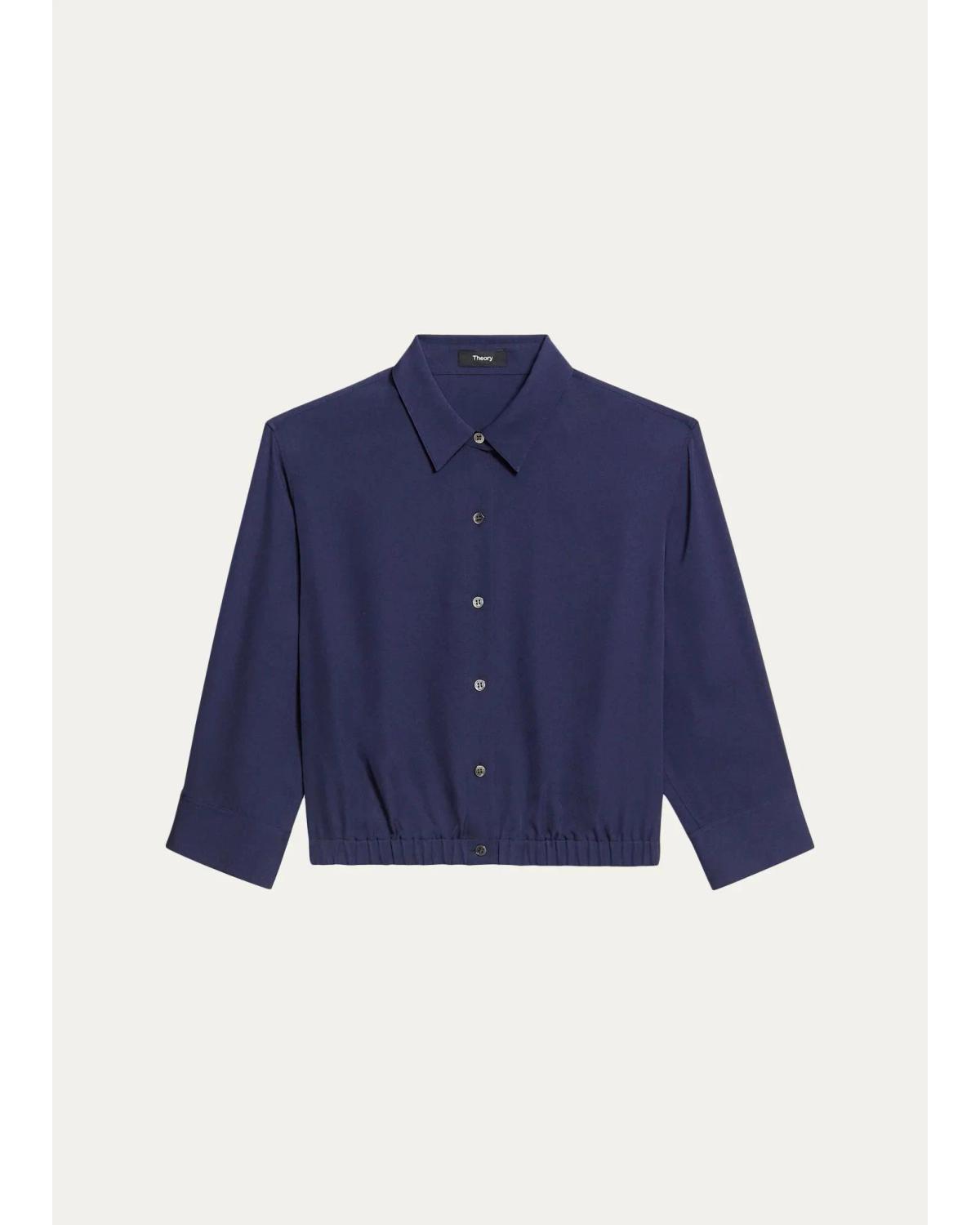 Scrunched-Sleeve Cropped Button-Front Shirt