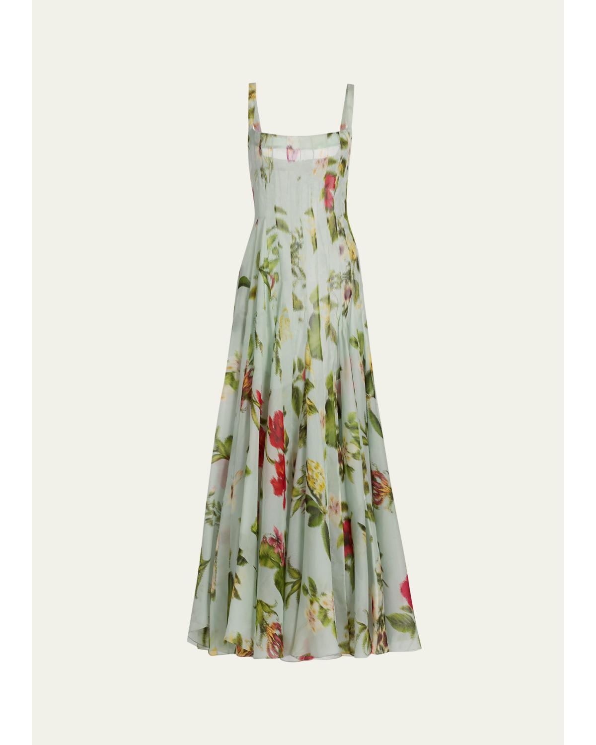 Sleeveless Chine Hibiscus Silk Gazar Trumpet Gown