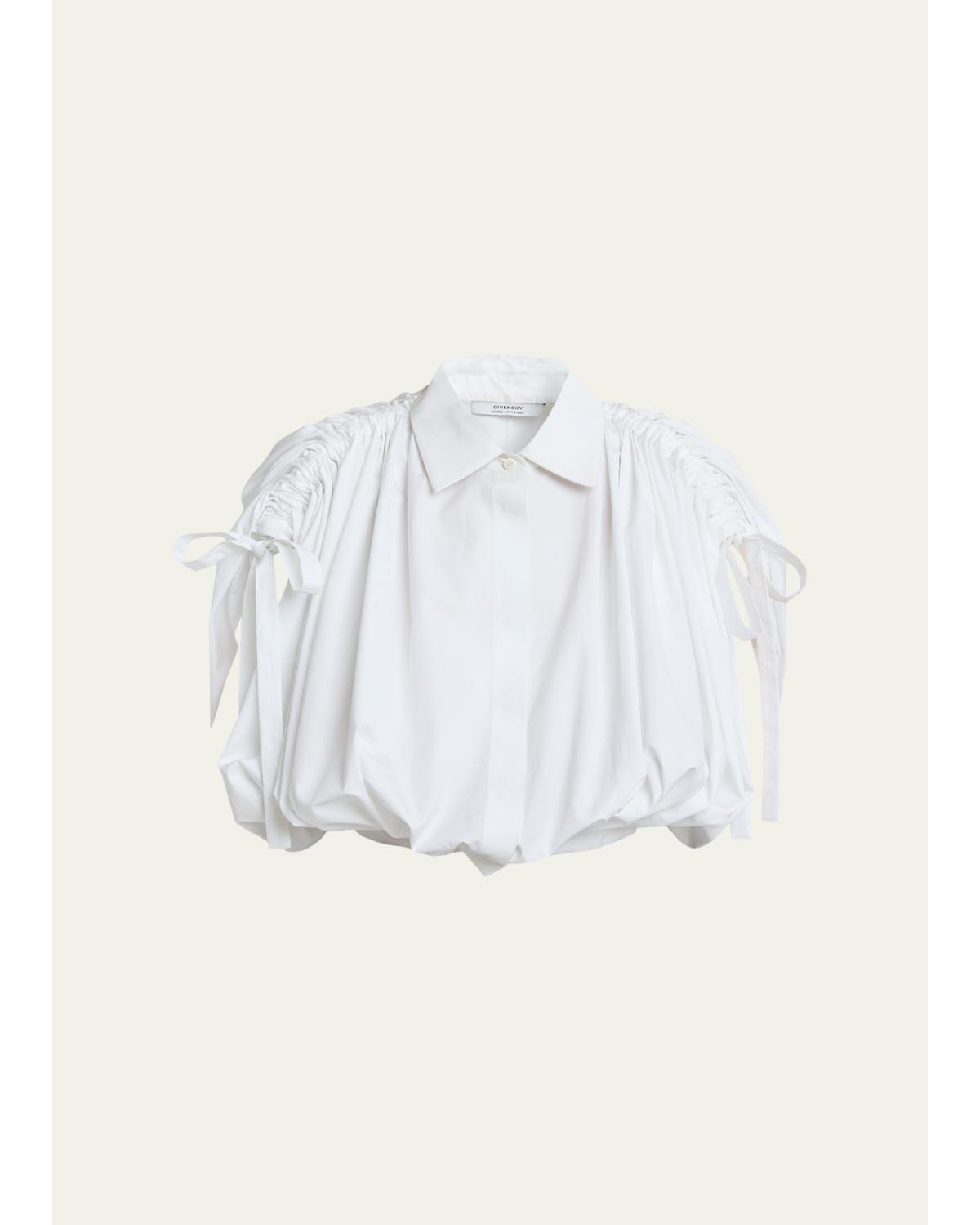 Ruched Cotton-Poplin Crop Collared Bubble Shirt