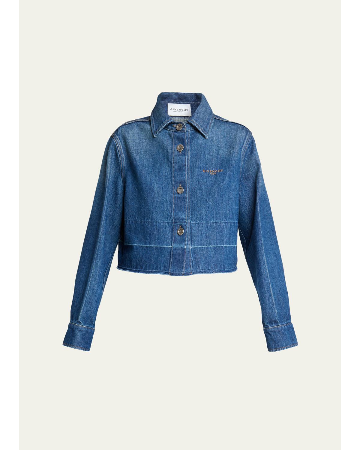 Cropped Raw-Edge Cotton Denim Jacket