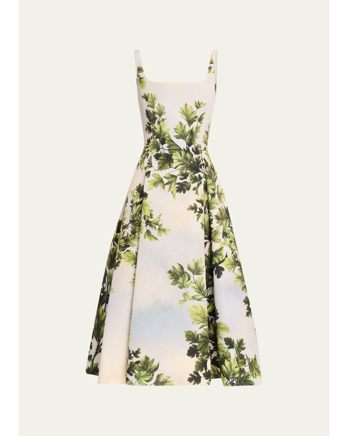 Sleeveless Foliage-Print Faille Square-Neck Midi Dress
