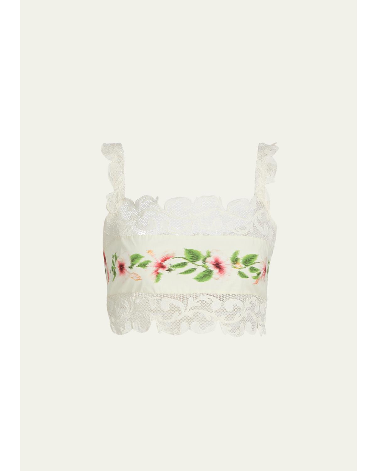 Sleeveless Chine Hibiscus-Print Lace-Trim Crop Top