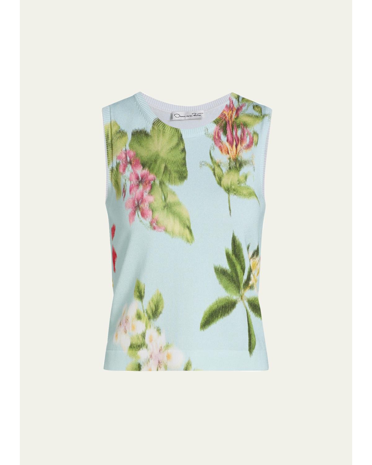 Floral-Print Cotton Knit Sleeveless Top