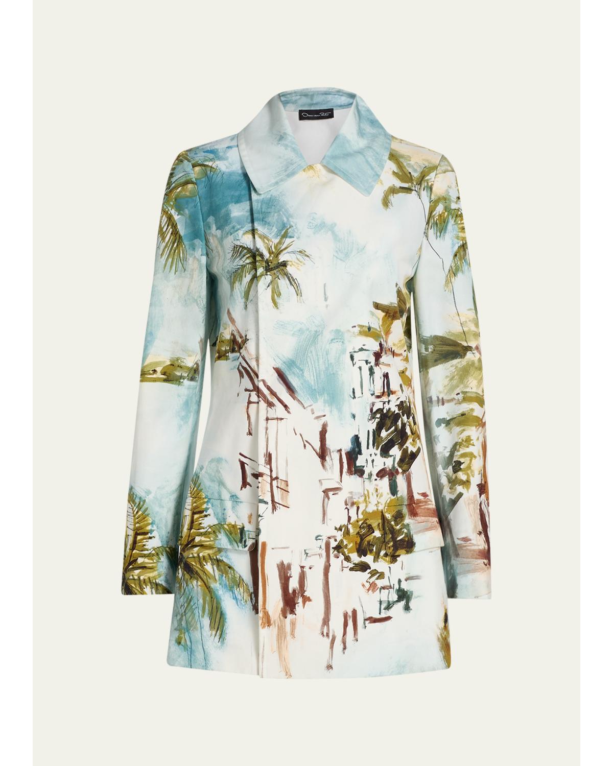 Long-Sleeve Landscape-Print Double-Breasted Jacket