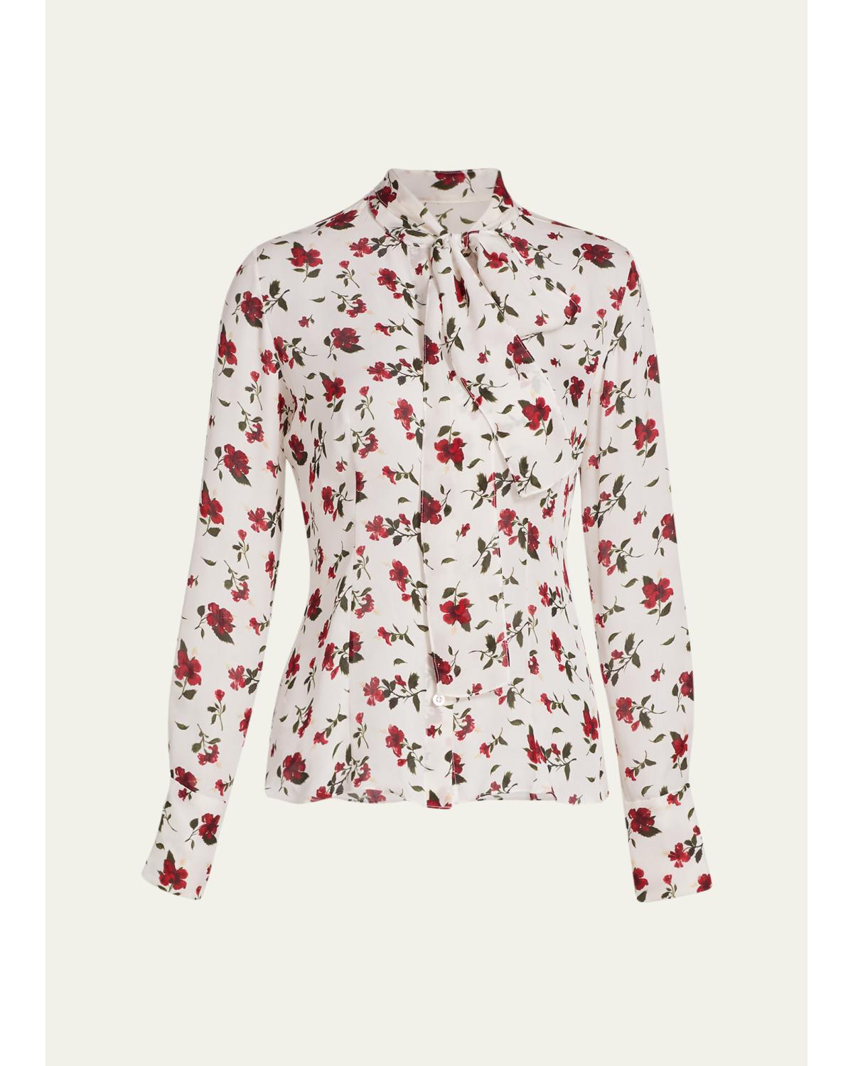 Hibiscus-Print Silk Neck-Scarf Blouse