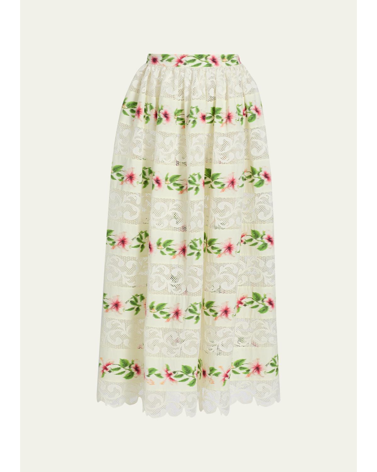 Chine Hibiscus Striped Lace-Inset Midi Skirt