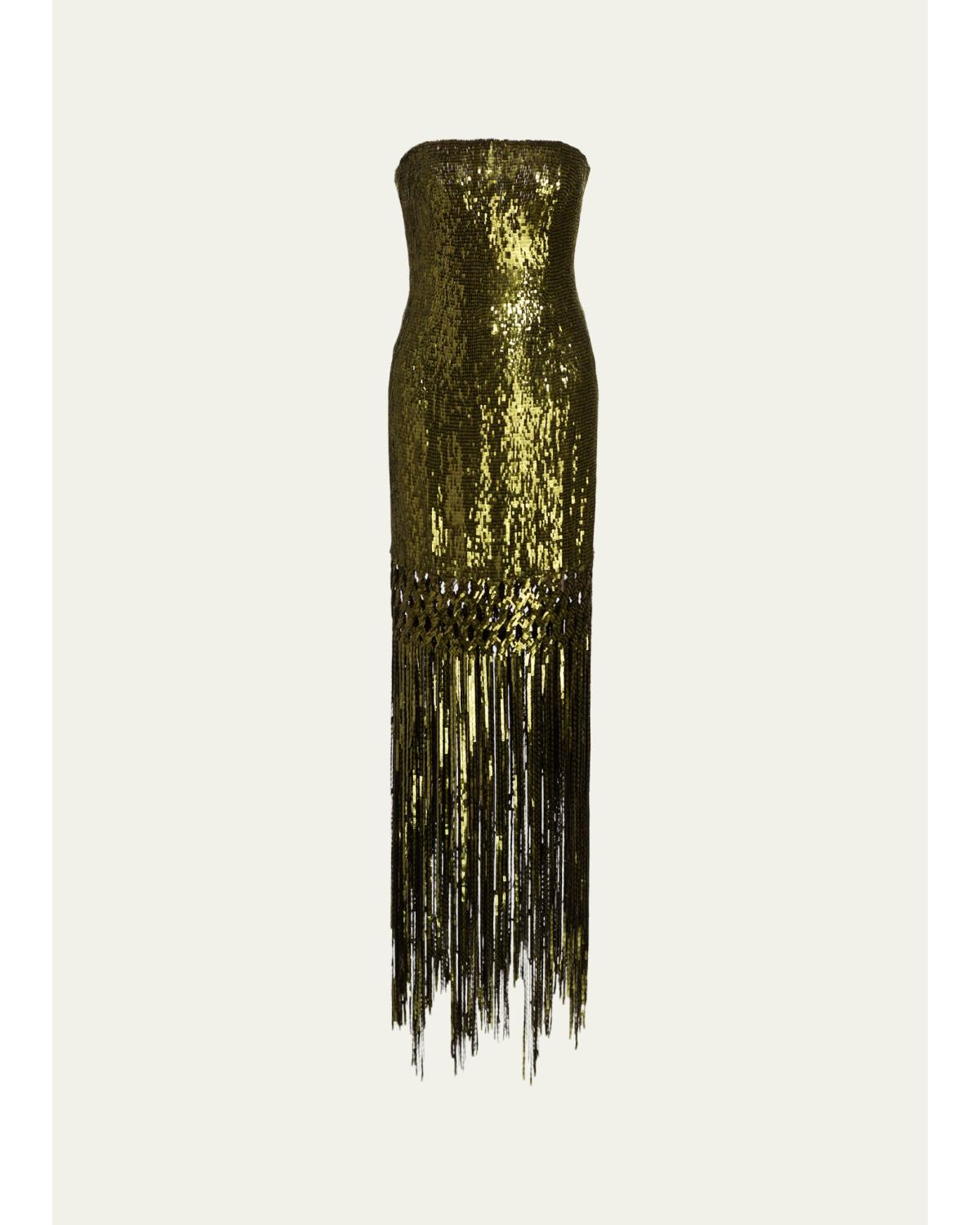 Strapless Sequined Fringe Maxi Dress