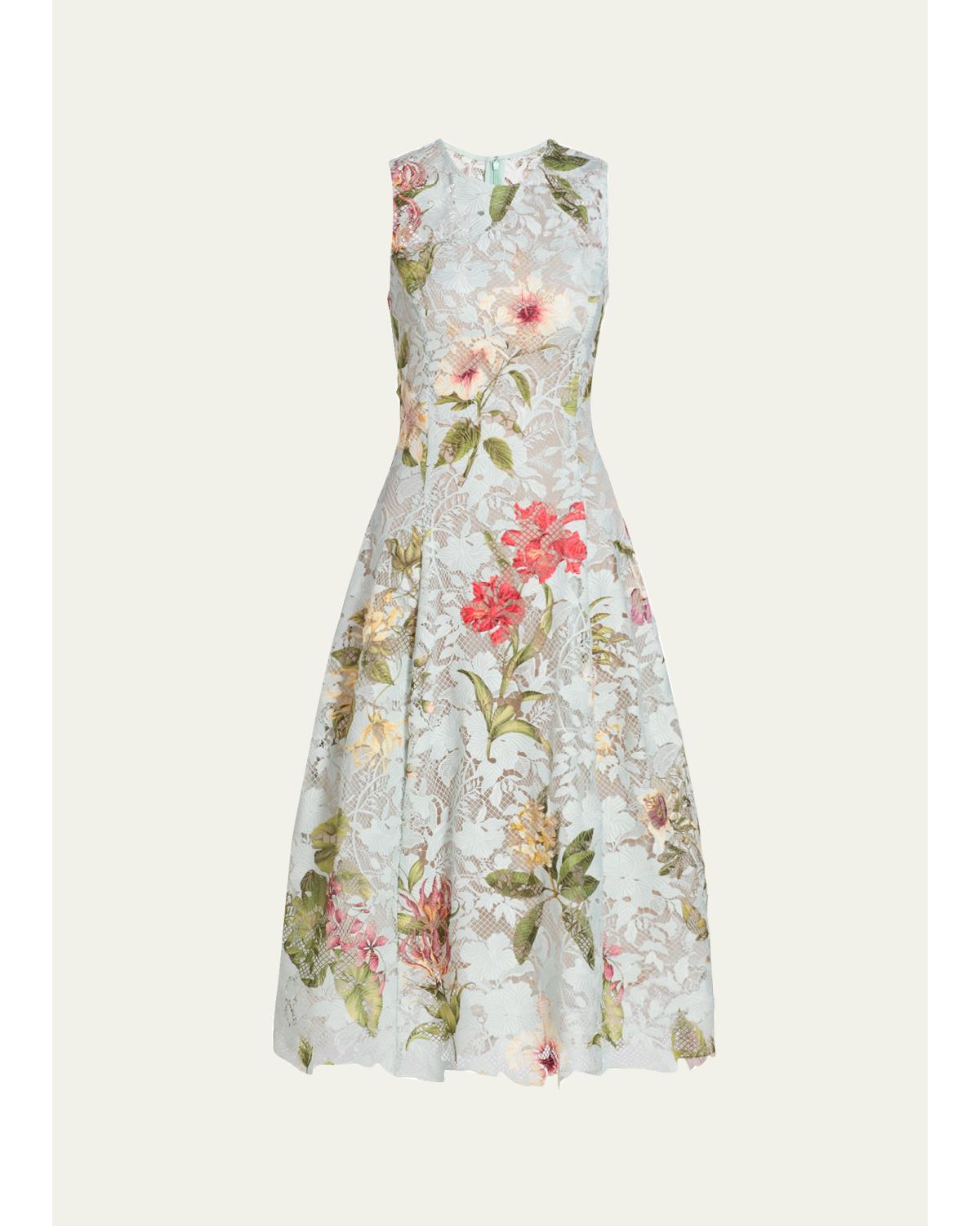 Multi Domican Floral Print Lace Midi Dress