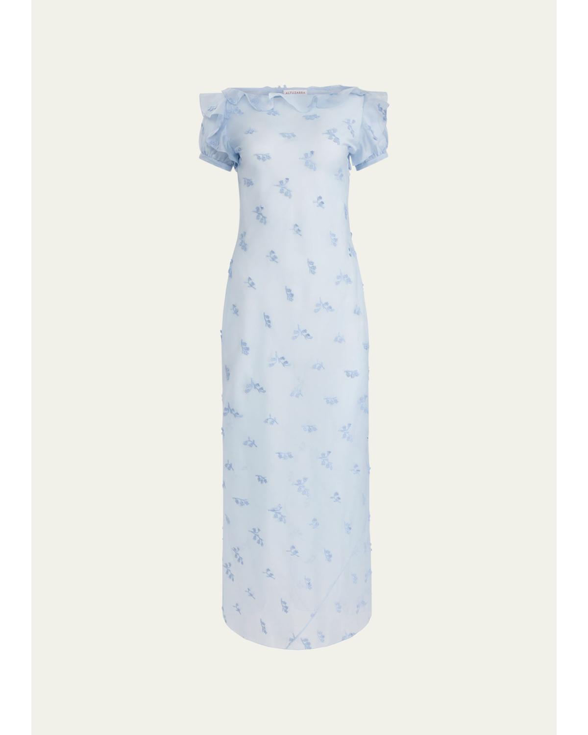 Lafont Floral Embroidered Puff-Sleeve Maxi Dress