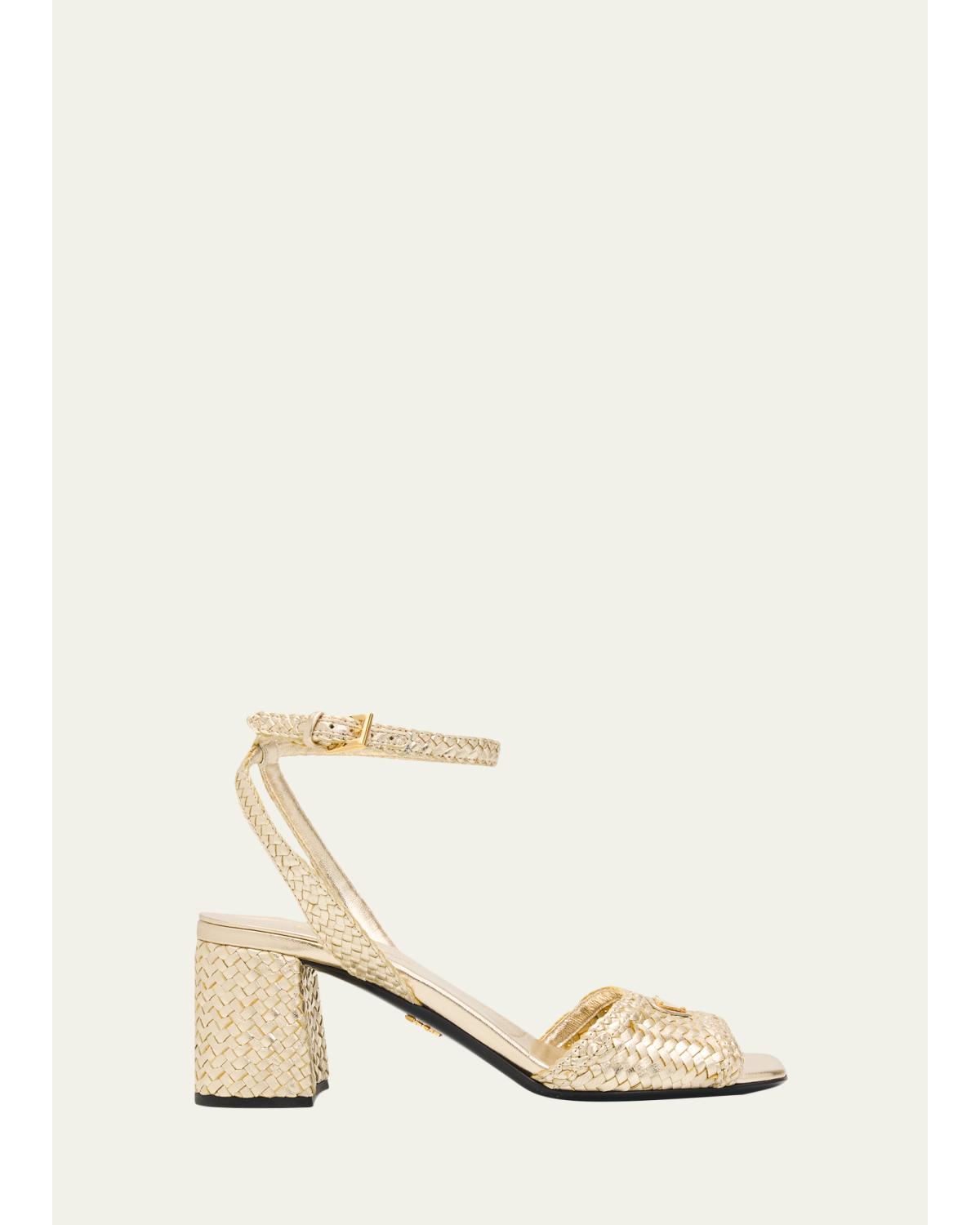 65Mm Madras Woven Metallic Leather Ankle-Strap Sandals