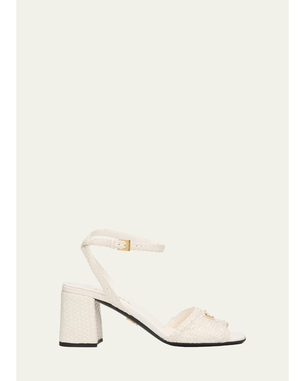 65Mm Madras Woven Metallic Leather Ankle-Strap Sandals