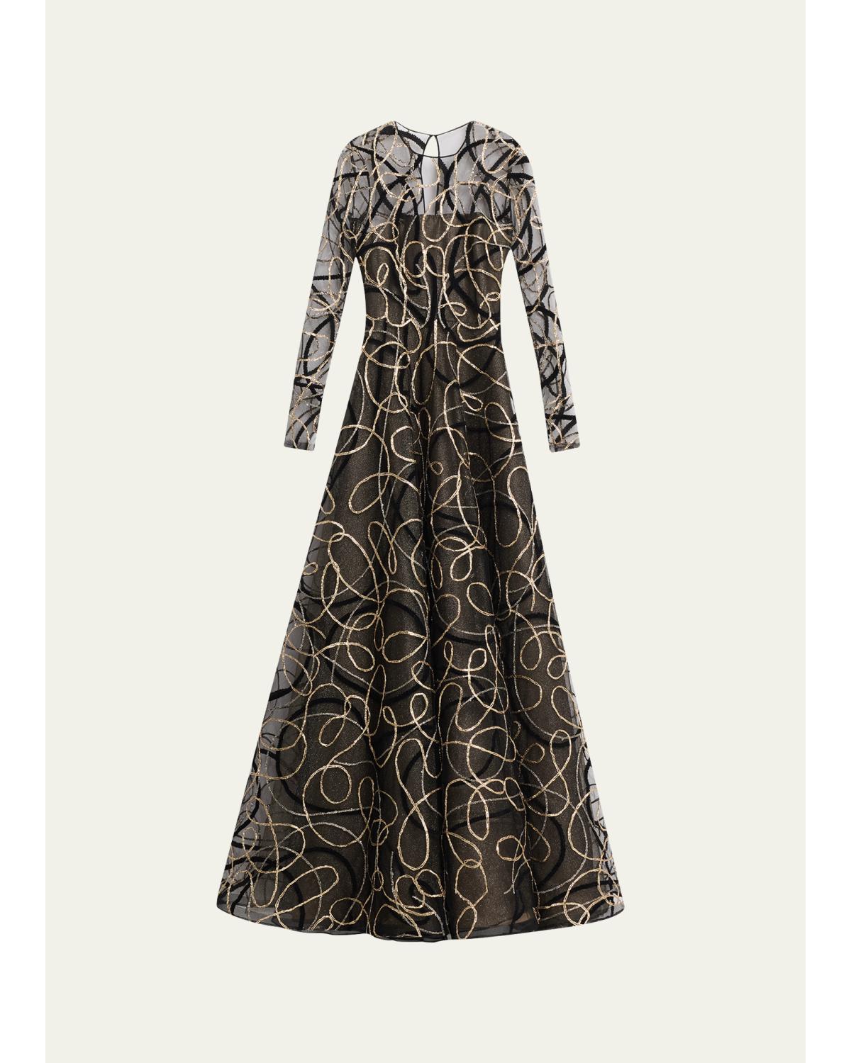 Metallic Raffia Jewel-Neck Long-Sleeve Gown