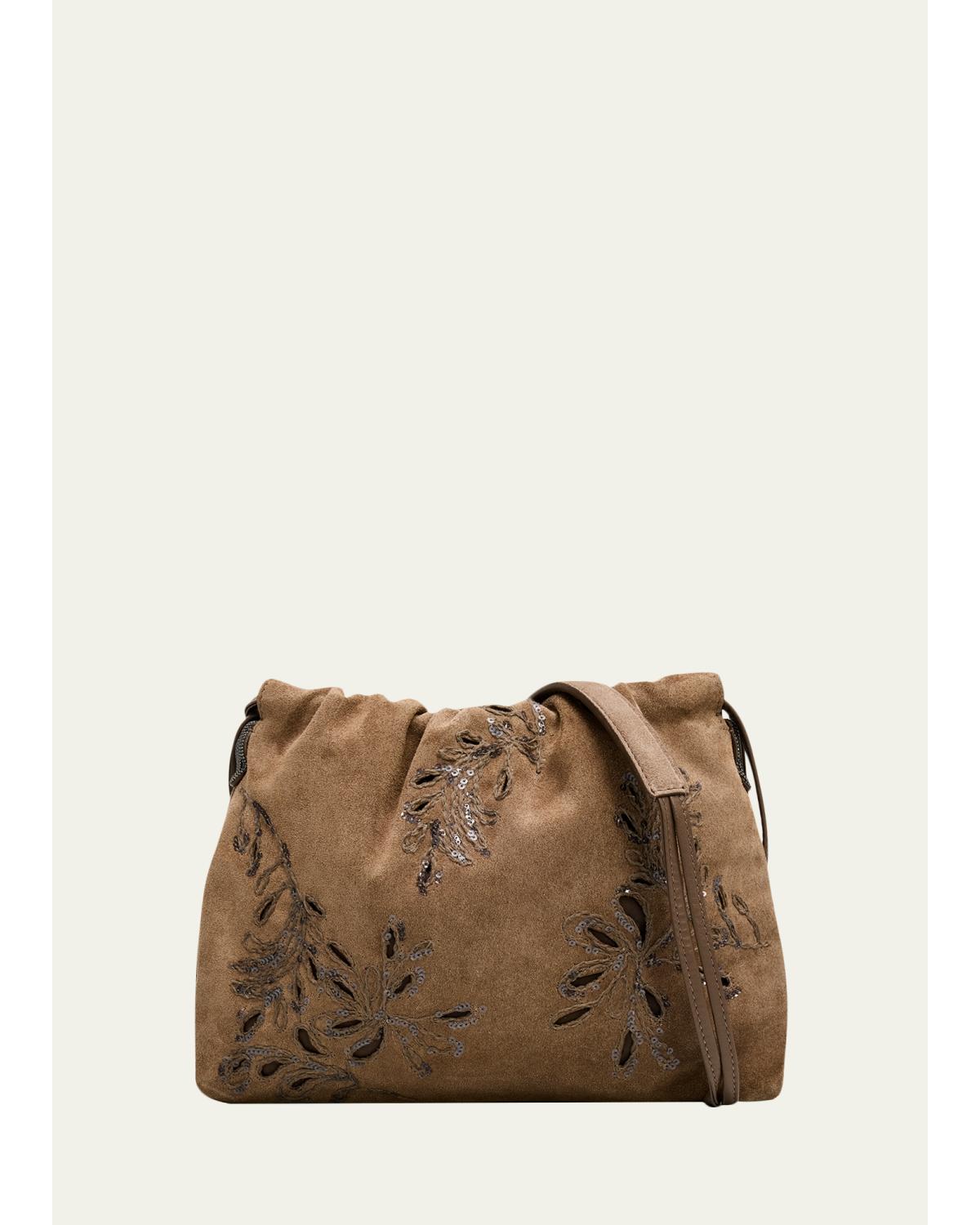 Mini Floral-Embroidered Suede Pouch Bag
