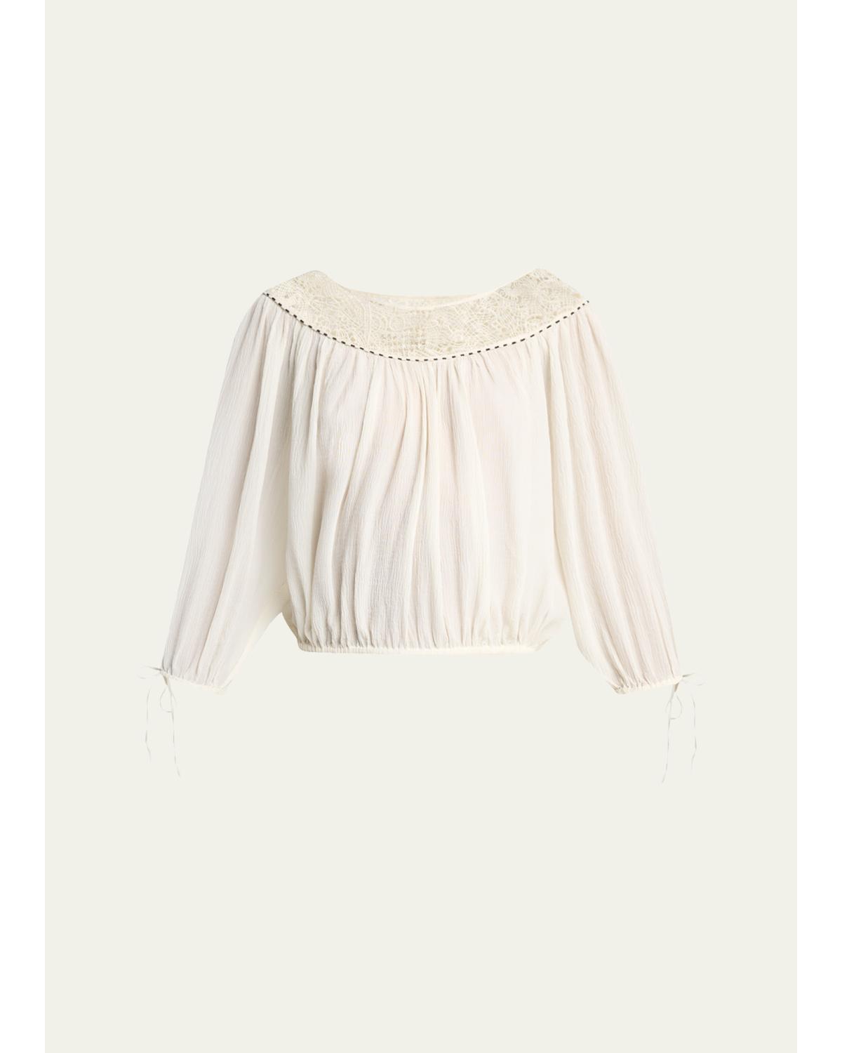 Nelida Guipure Lace-Trim Silk Gauze Drawstring Blouse