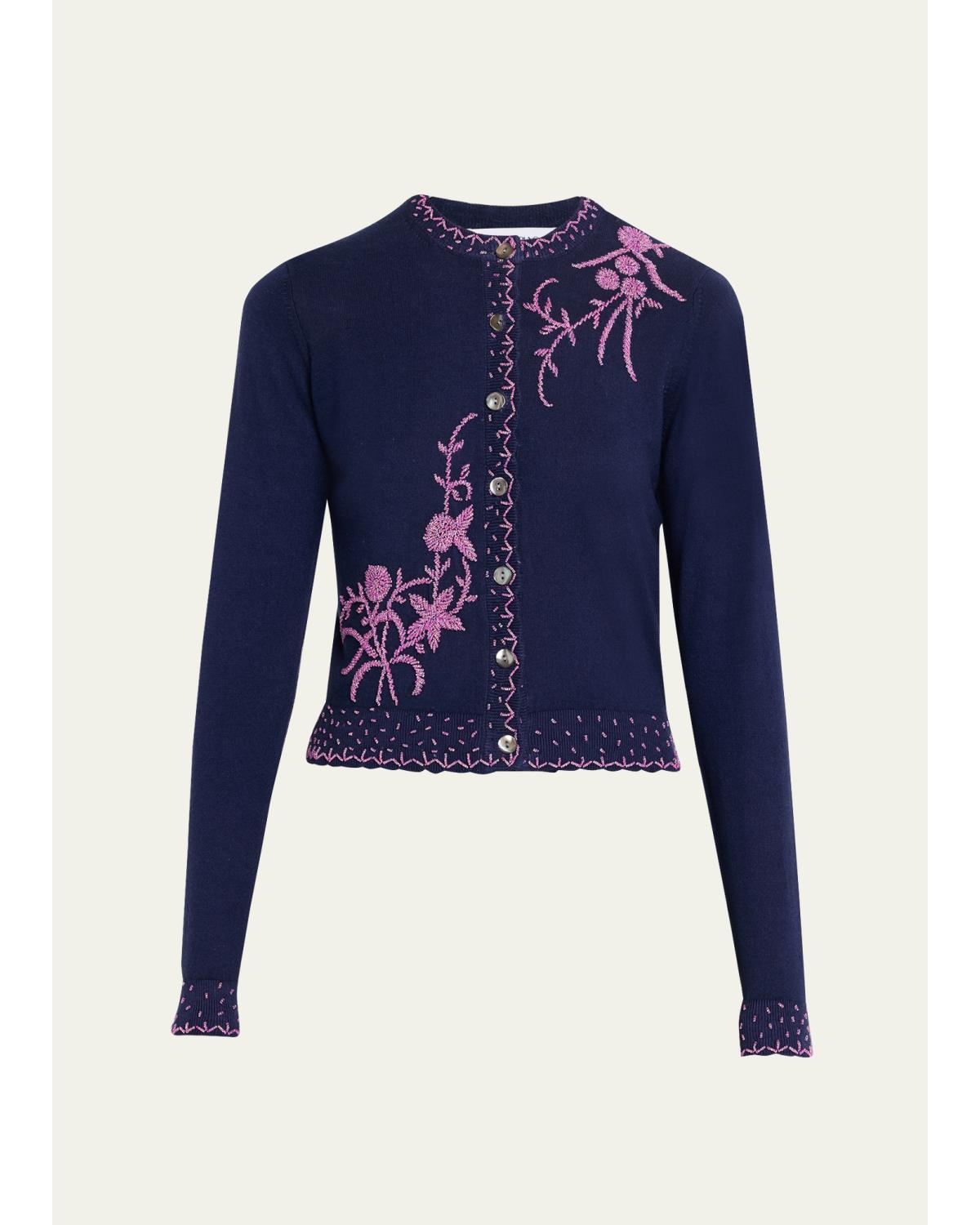 Embroidered Silk-Cashmere Crewneck Cardigan