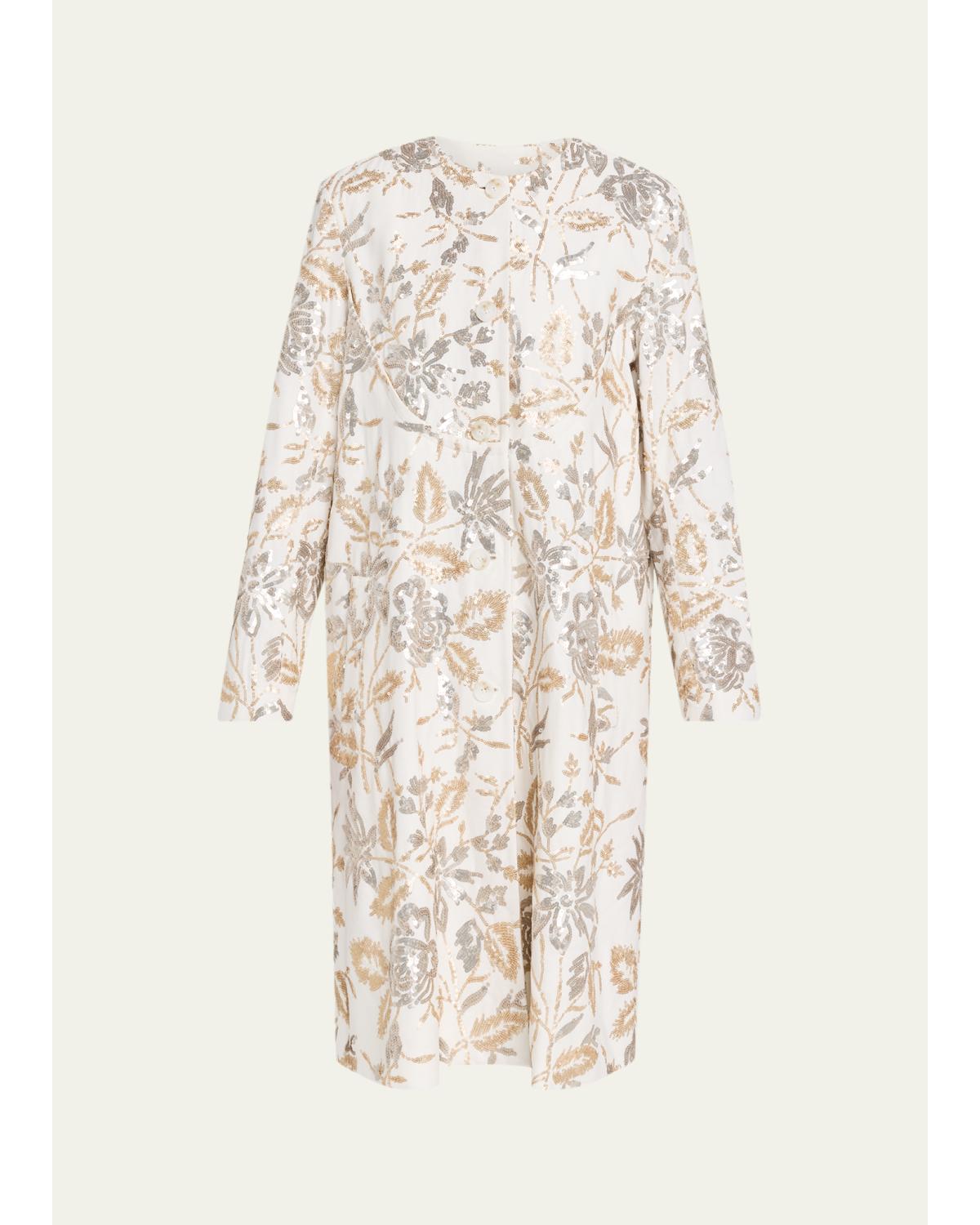 Single-Breasted Floral Sequined Collarless Car Coat