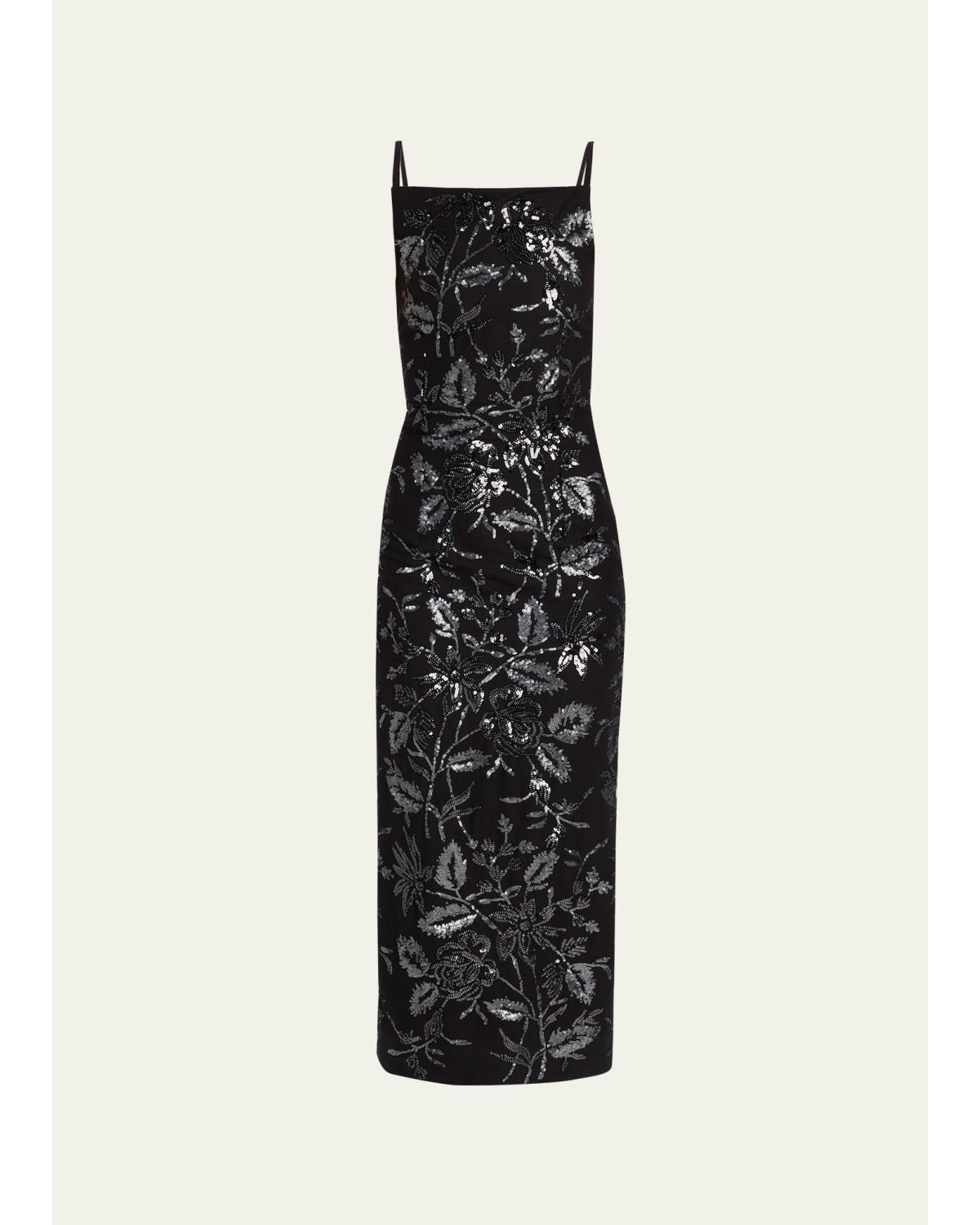 Square-Neck Floral Sequined Midi Dress
