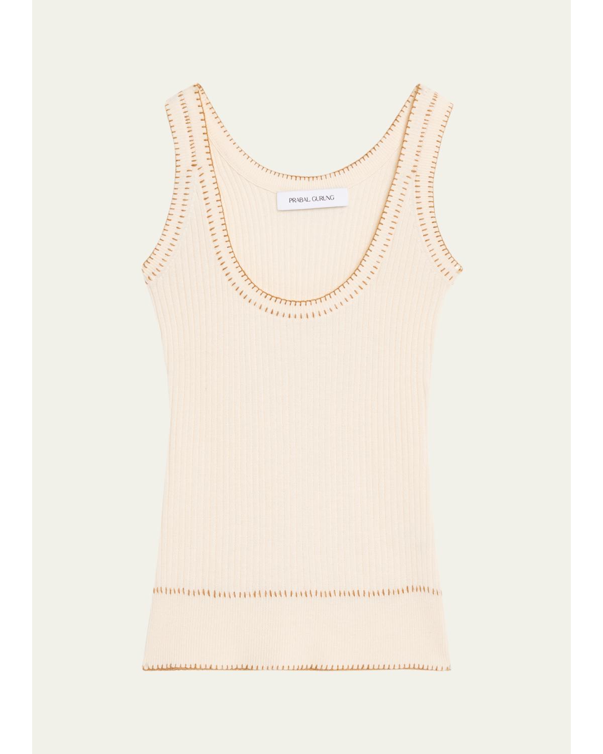 Blanket-Stitch Silk-Cashmere Rib Scoop-Neck Tank Top