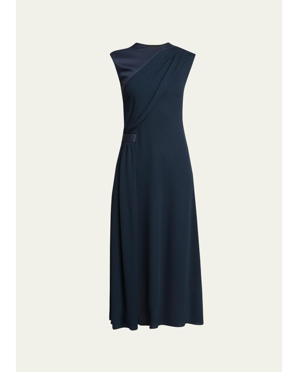 Cap-Sleeve Draped Satin Midi Dress