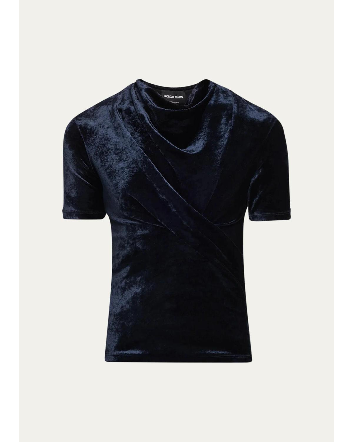 Cowl-Neck Draped Velvet Short-Sleeve Top