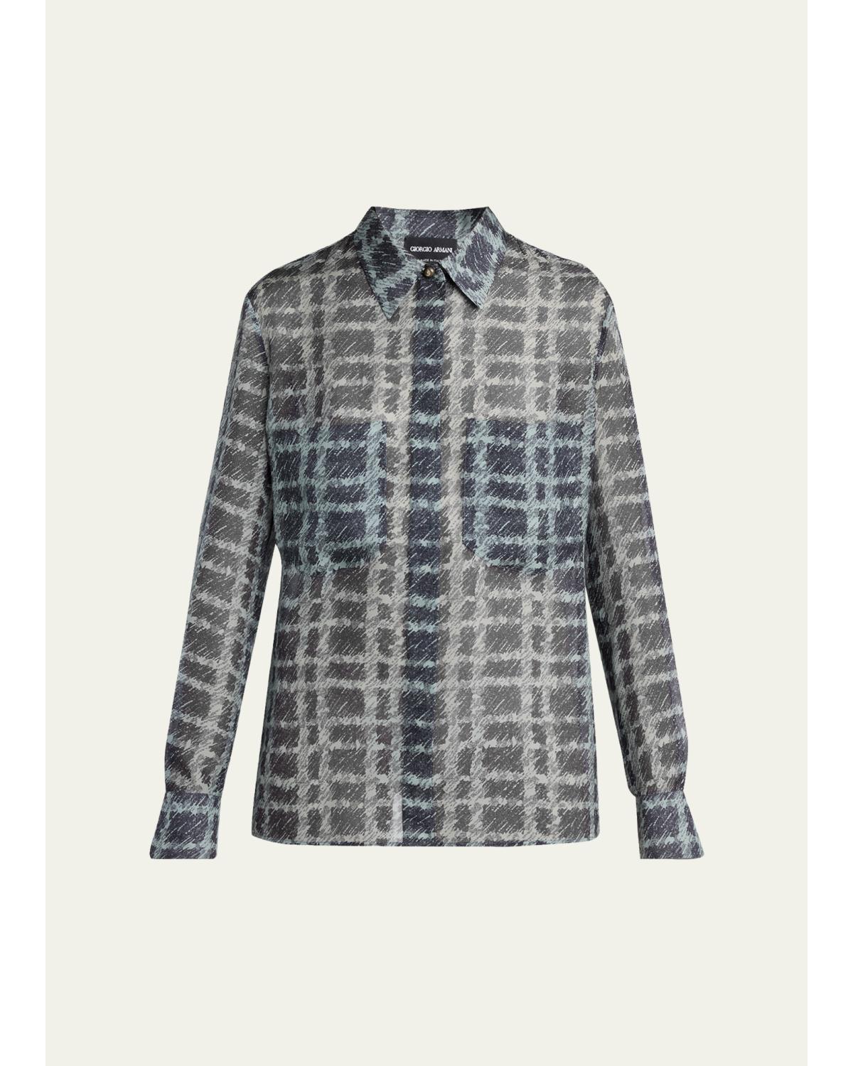 Sheer Silk Plaid Button-Front Shirt