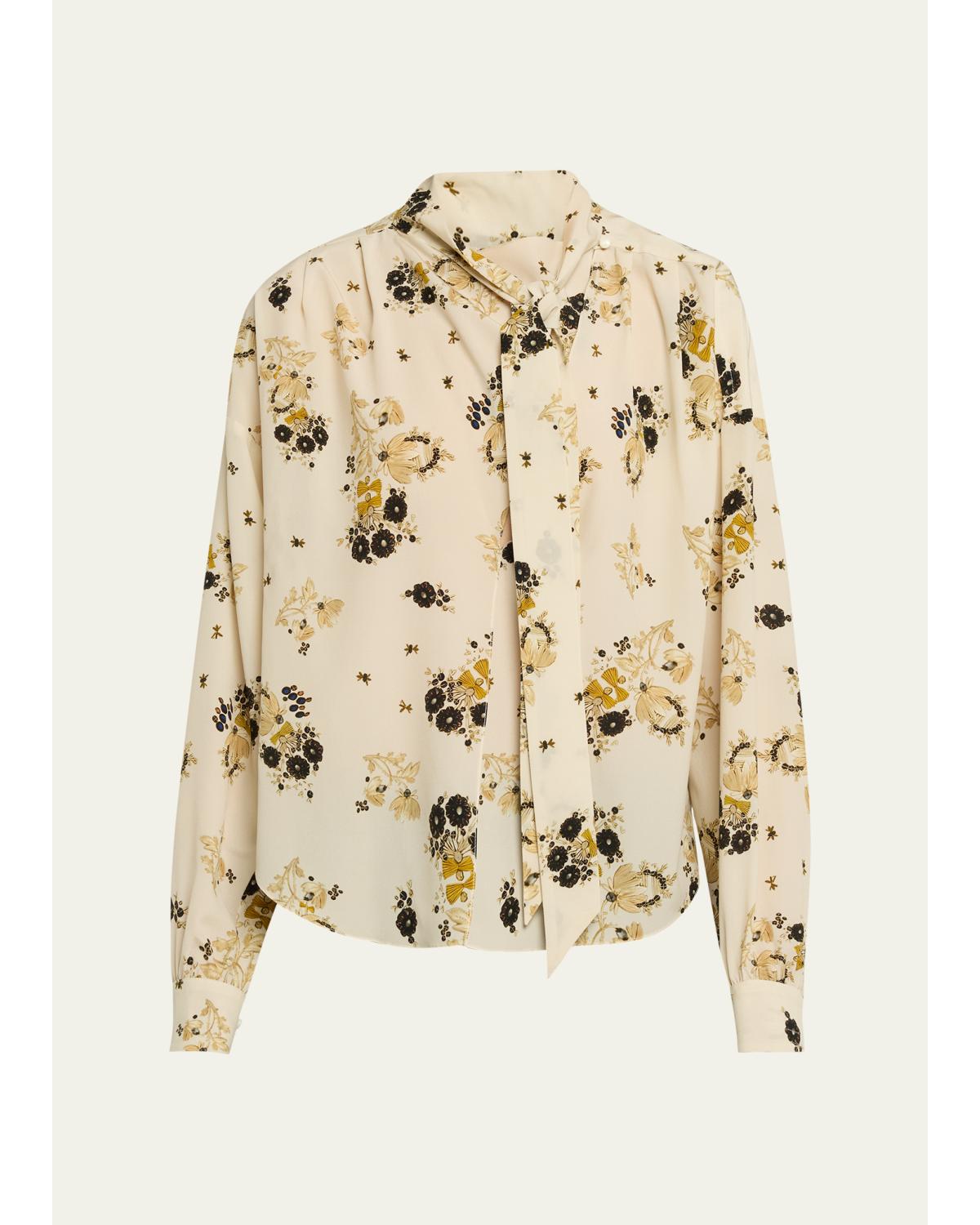 Fedry Floral-Print Silk Neck-Scarf Blouse