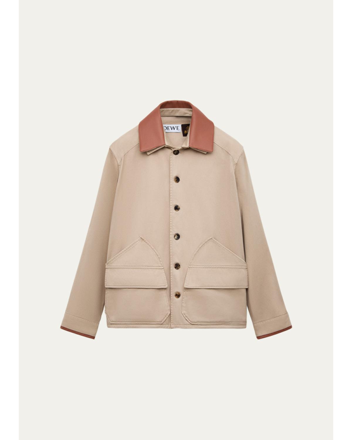 X Paula'S Ibiza Men'S Washed Cotton Leather-Collar Shirt Jacket