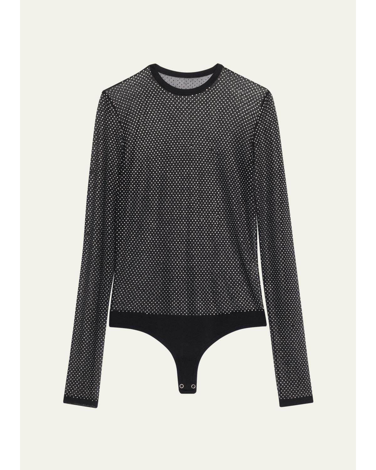 Long-Sleeve Crystal Mesh Crewneck Bodysuit