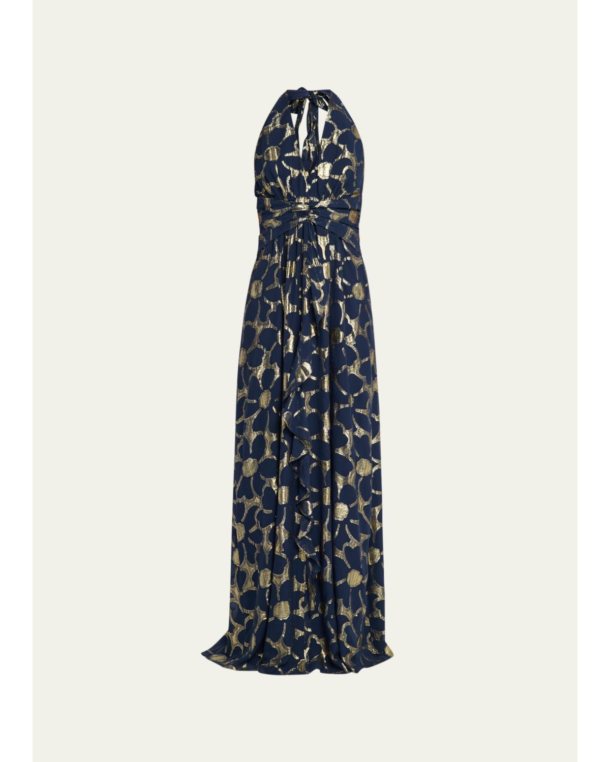 Stephanie Metallic Floral Halter Maxi Dress