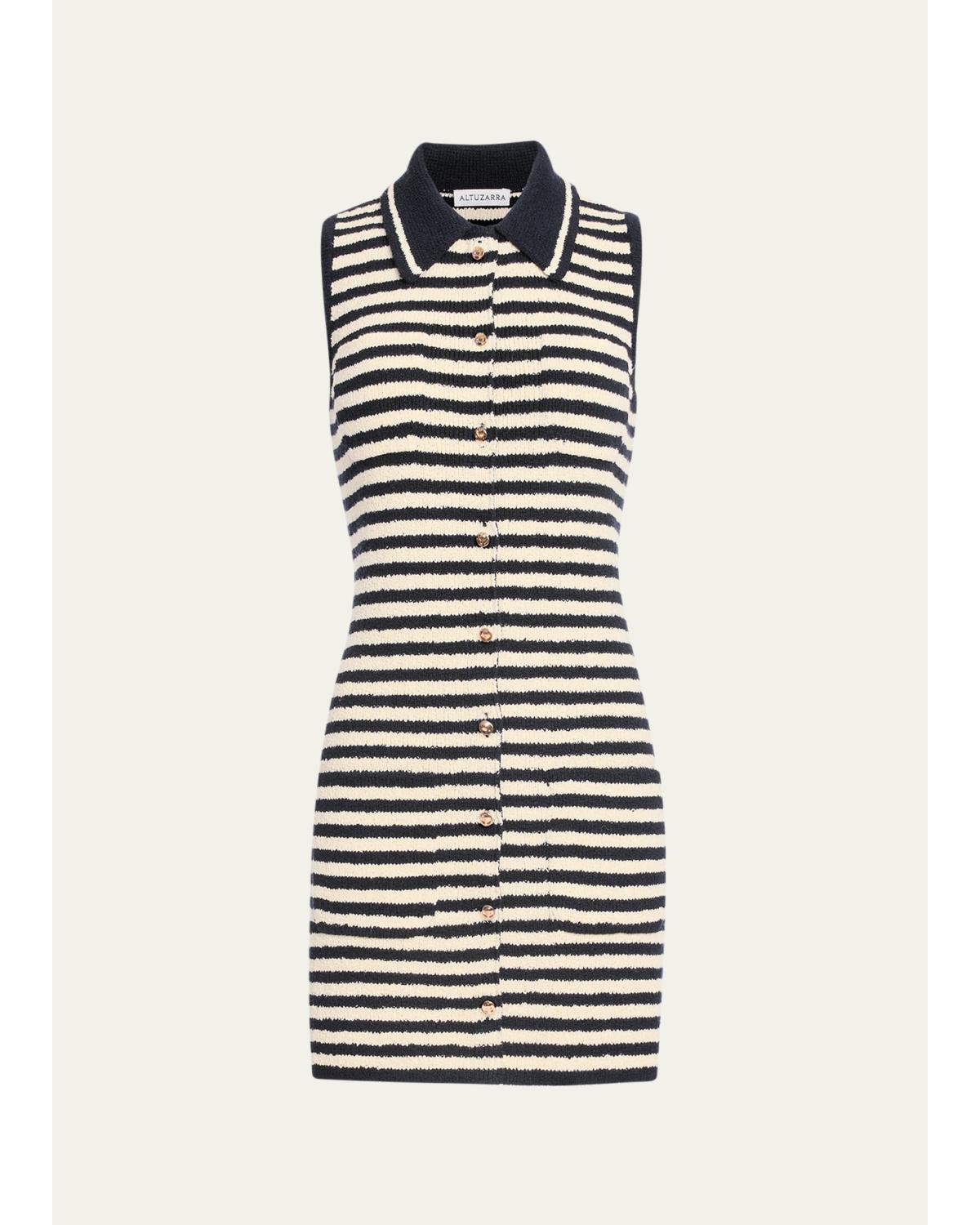 Mamie Striped Knit Button-Front Mini Polo Dress