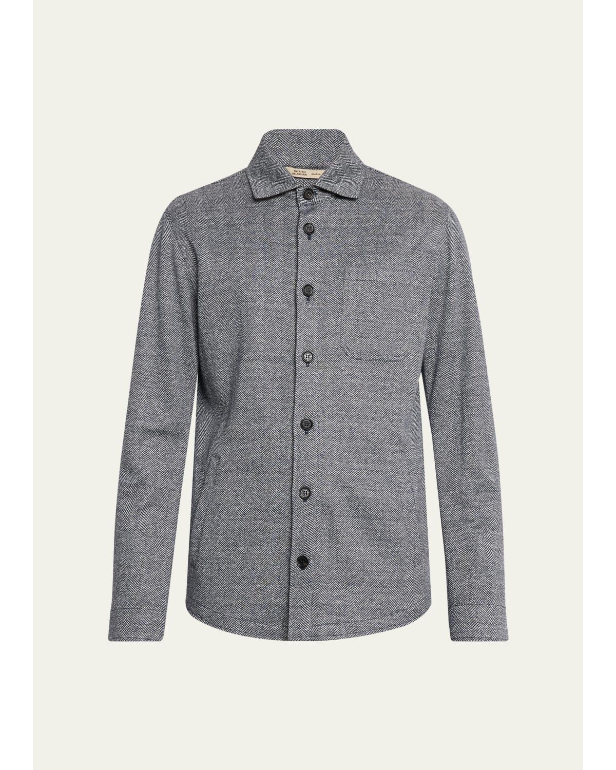 Men'S Linen, Silk And Cotton Herringbone Overshirt