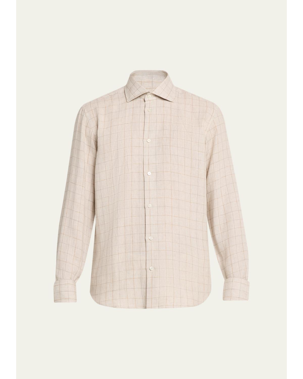 Men'S Linen Windowpane Check Button-Down Shirt