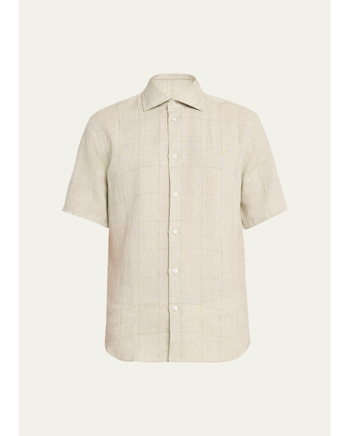 Men'S Linen Windowpane Check Short-Sleeve Shirt