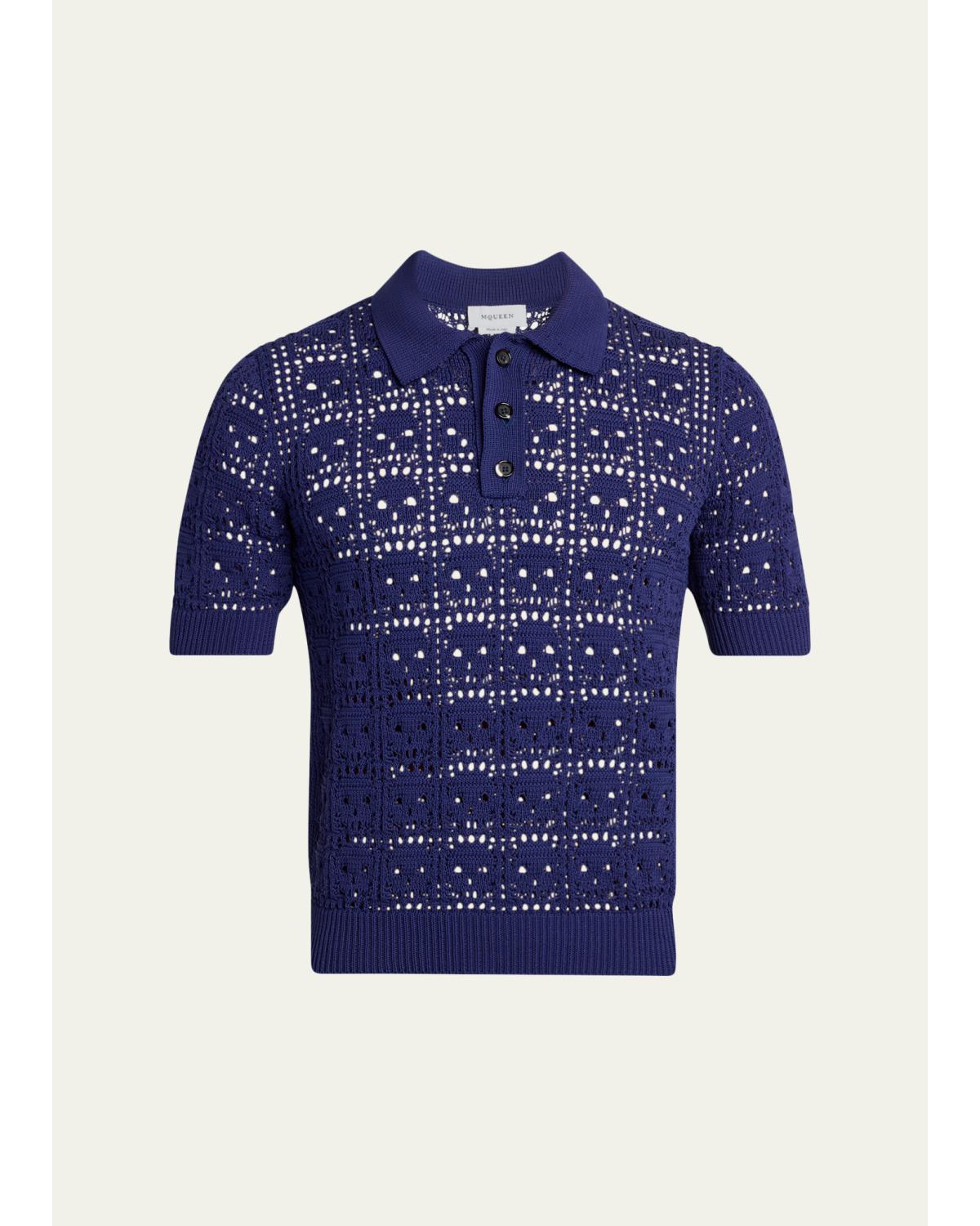Men'S Cotton Crochet Skull Openwork Short-Sleeve Polo Sweater
